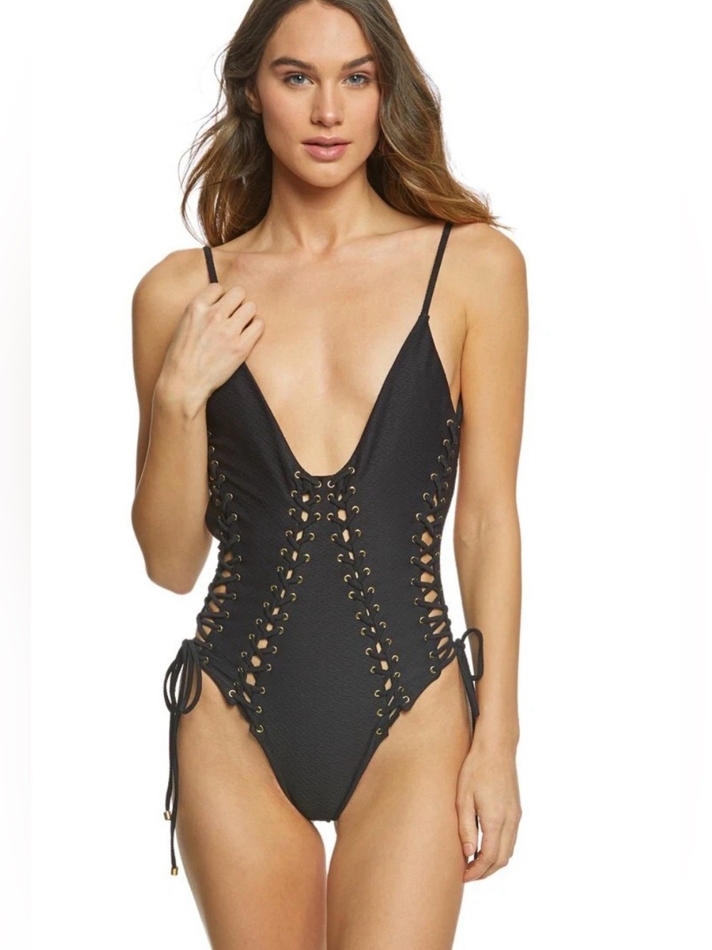 Blue Life Black Textured Vixen Lace Up Swimsuit Monokini Size Large